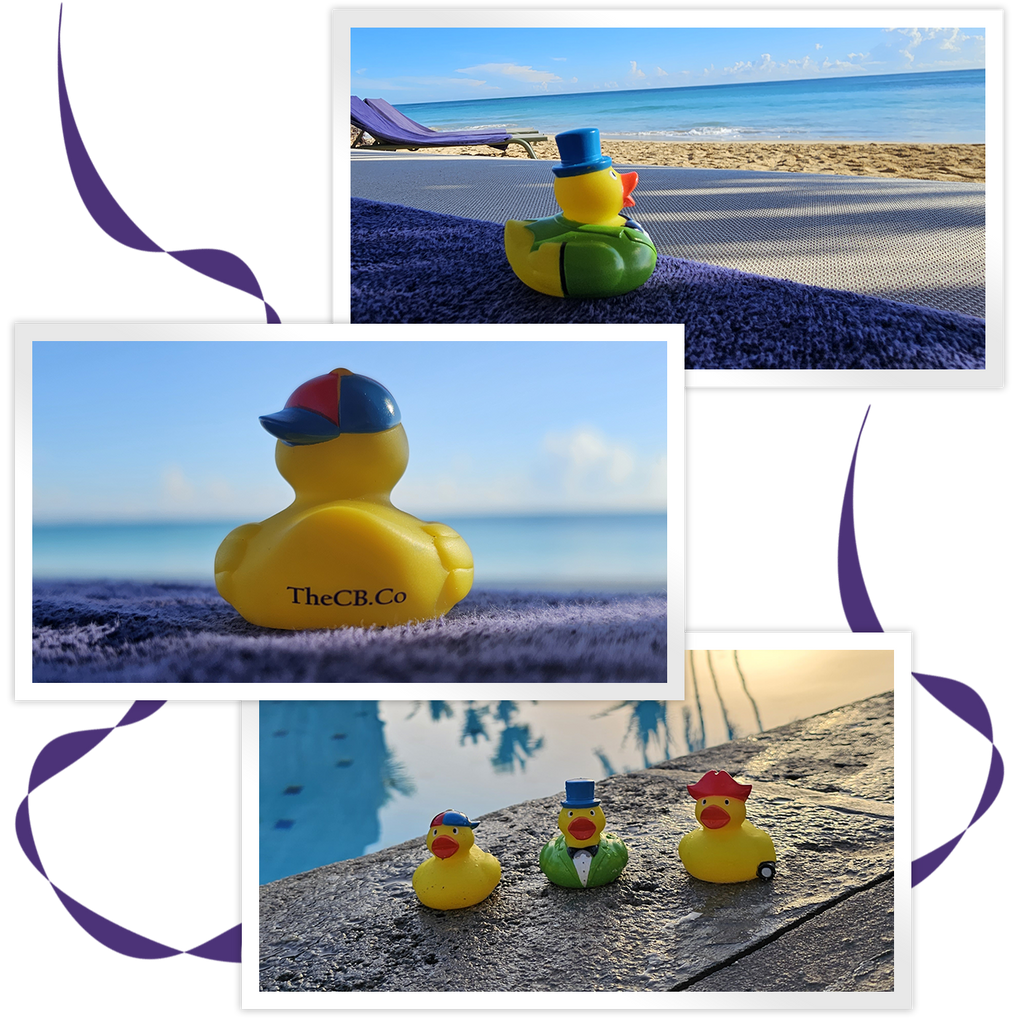 CBCo Rubber Ducks with top hats sitting on beach and by pool