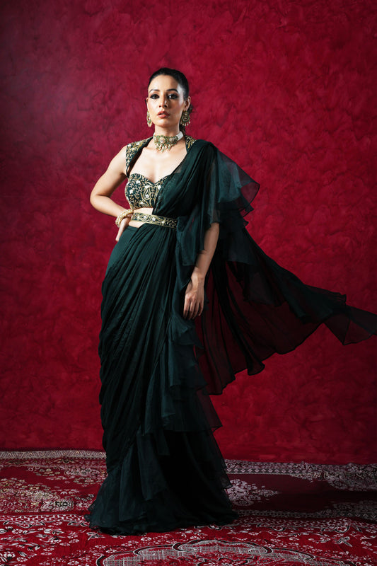Designer Rashika's Teal Green Zuri Ruffle Saree with Gold Belt Blouse for  Rent