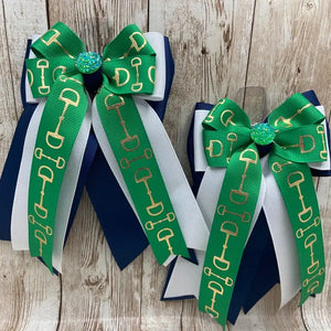 Horse Show Bows - Emerald Green Bits On White and Navy - Legacy Riders Equestrian
