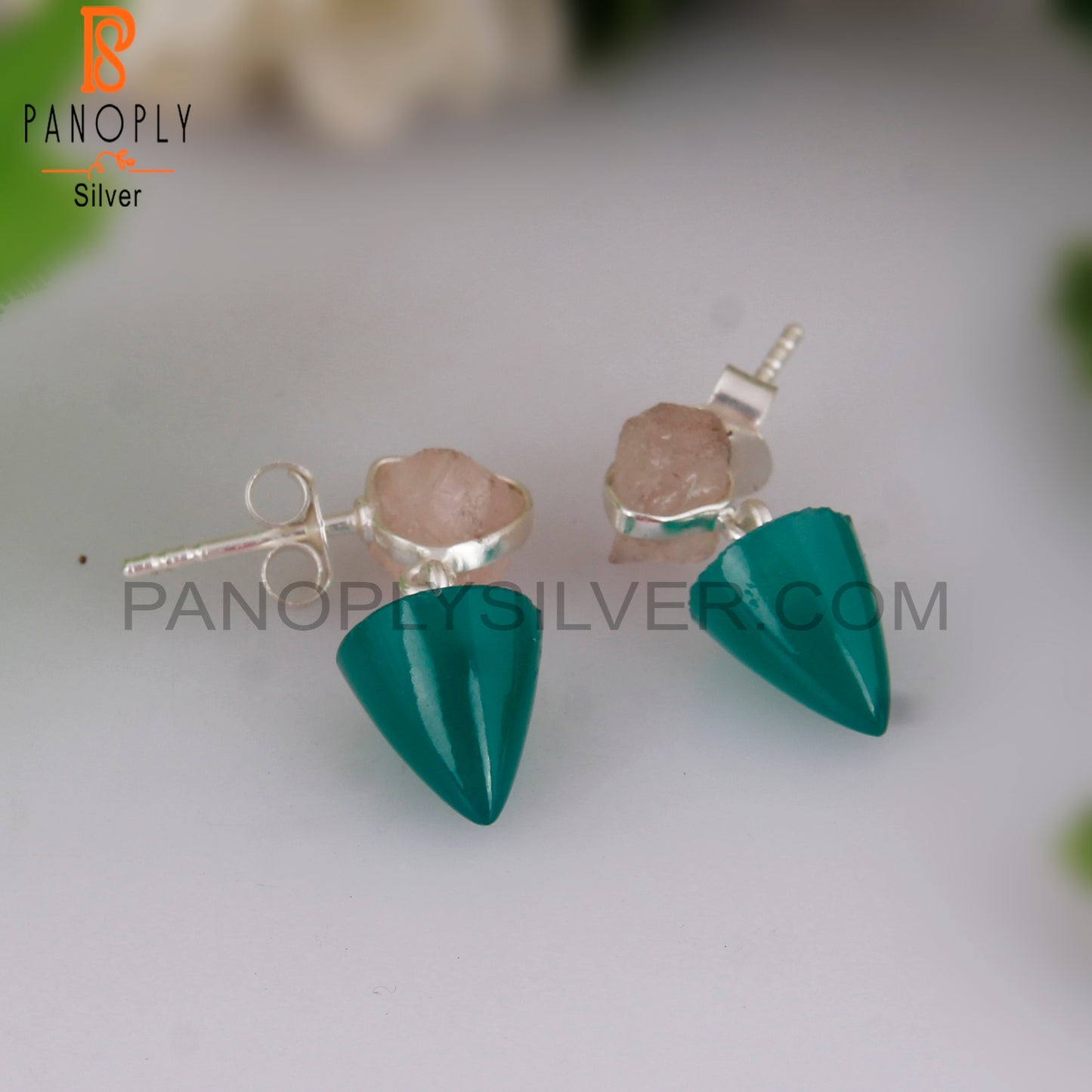 Fine 925 Sterling Silver Handmade Beautiful Cone Shaped Double Stone Designer In The Natural Rose Quartz And Green Onyx Gemstone Set Dangle Earrings Jewelry