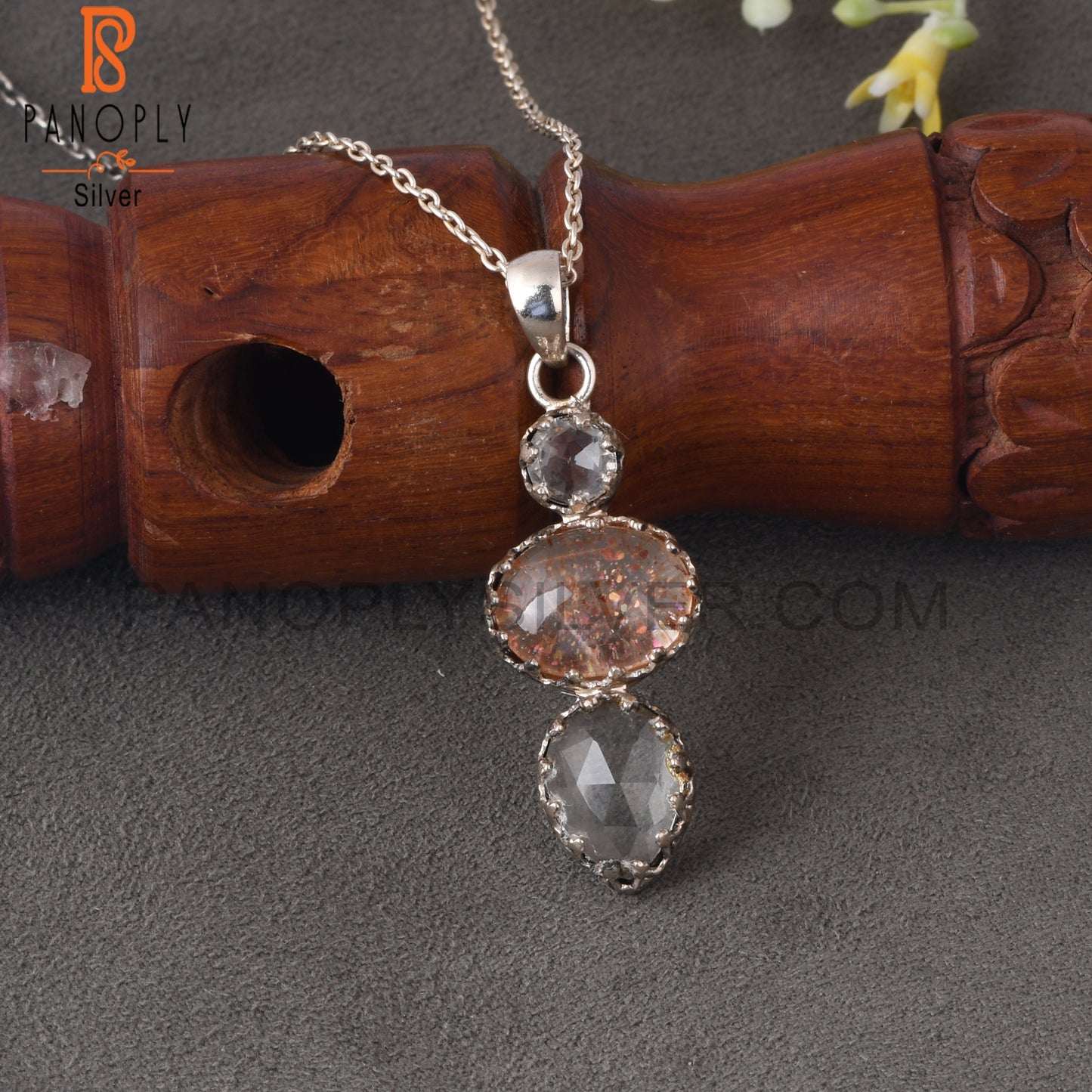 925 Handmade Sterling Silver Beautiful Stone Designer With Crystal Quartz, Doublet Sunstone Quartz And Green Amethyst Gemstone Necklace And Pendant Chain Jewelry