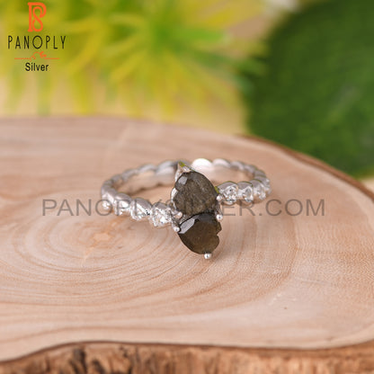 18k Sterling Silver Double Heart Designer With Gold Sheen Obsidian & White Topaz Gemstone Ring Jewelry