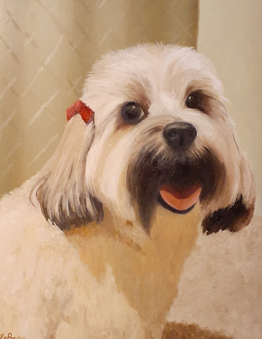 An oil painting of a dog that appears to be very happy with it's new haircut.