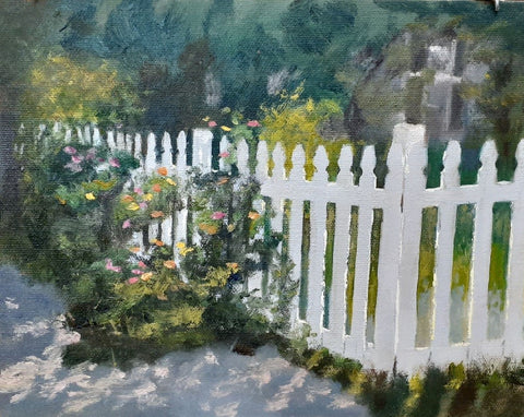 An oil painting of a natural scene of a white fence by a sidewalk with shrubs and greenery around it.