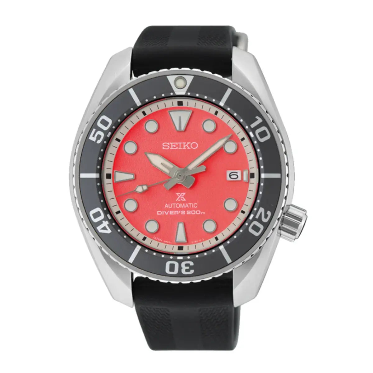 Seiko watch with red face and black strap on a white background