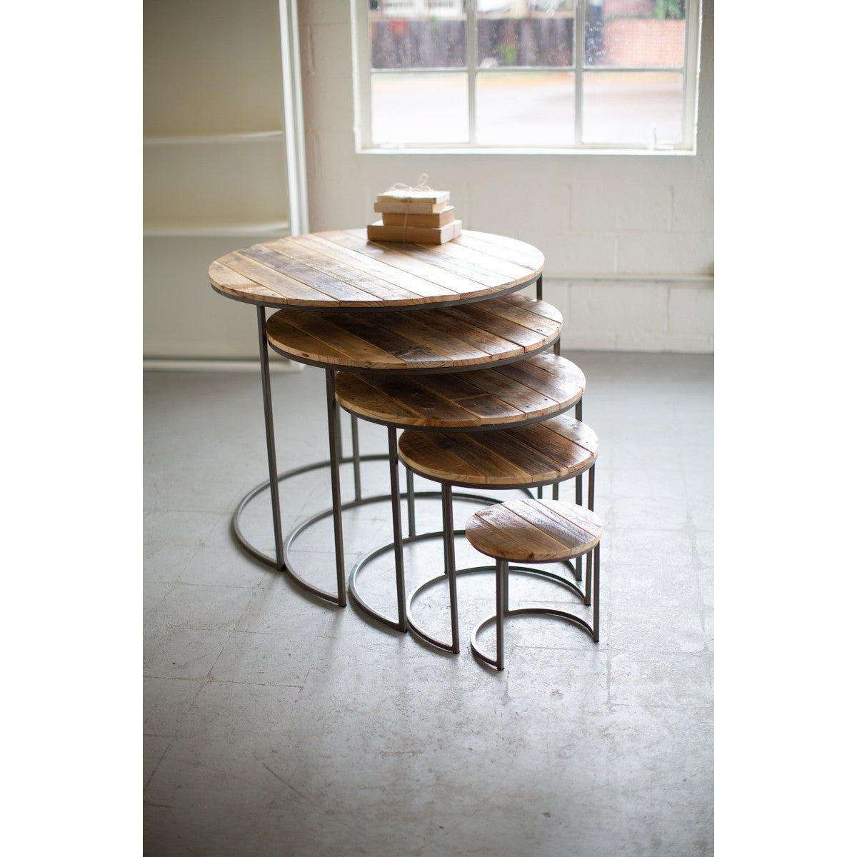 Kalalou - Set Of Five Recycled Wood And Iron Round Display Tables