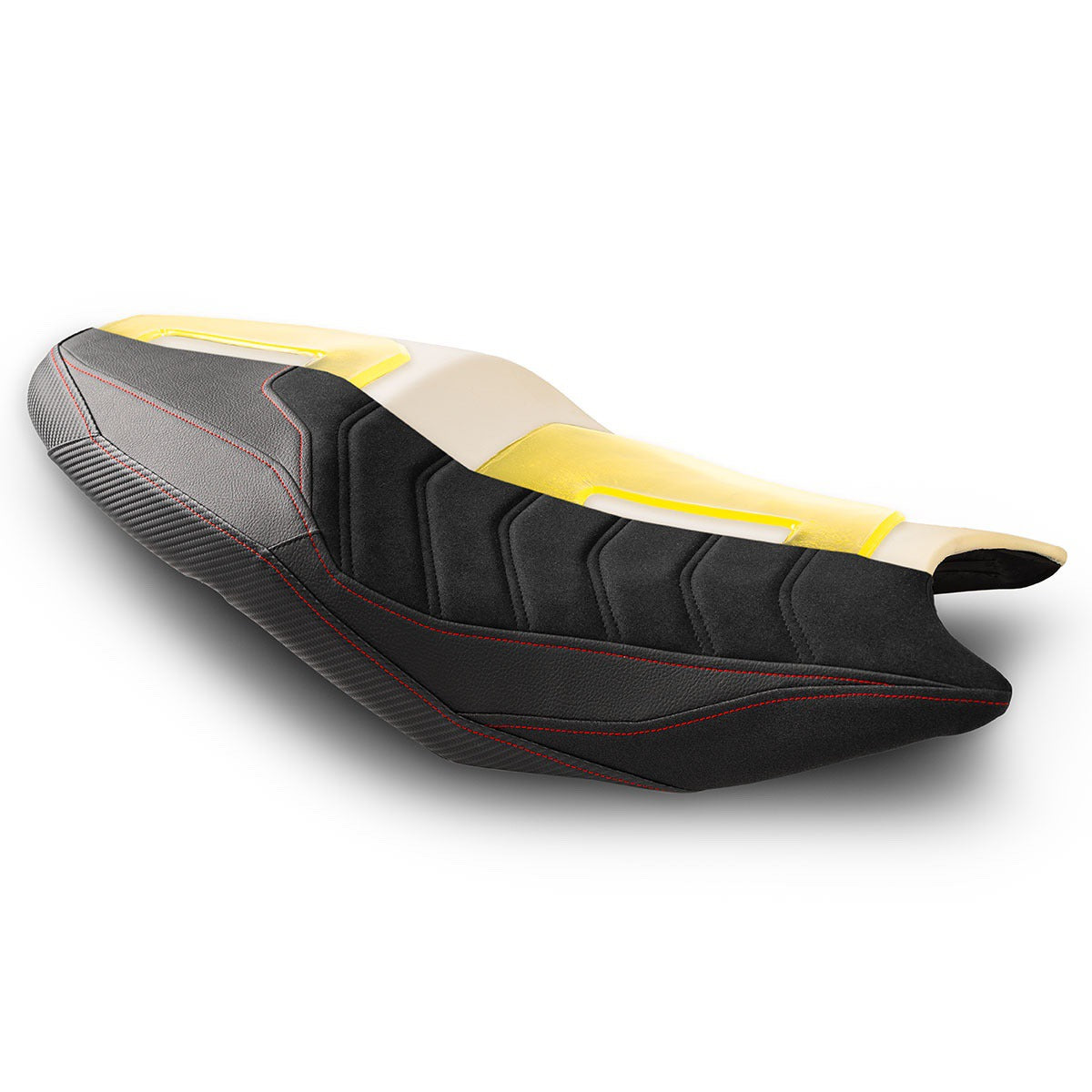 Cross-section of motorcycle seat with Luimoto rider seat cover on top and Gold Gel R underneath
