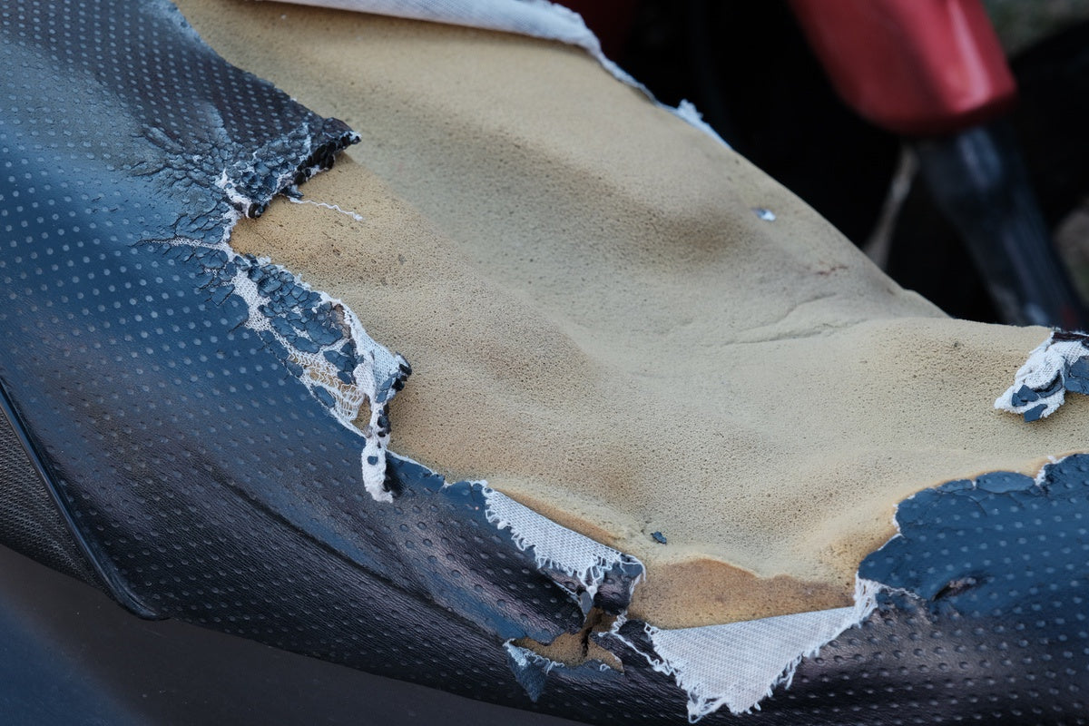 Motorcycle seat foam deteriorated after prolonged use and exposure to elements