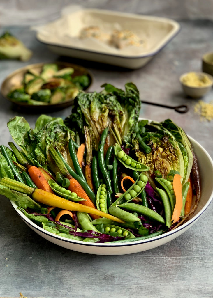 Charred lettuce Autumn Salad and fish recipe