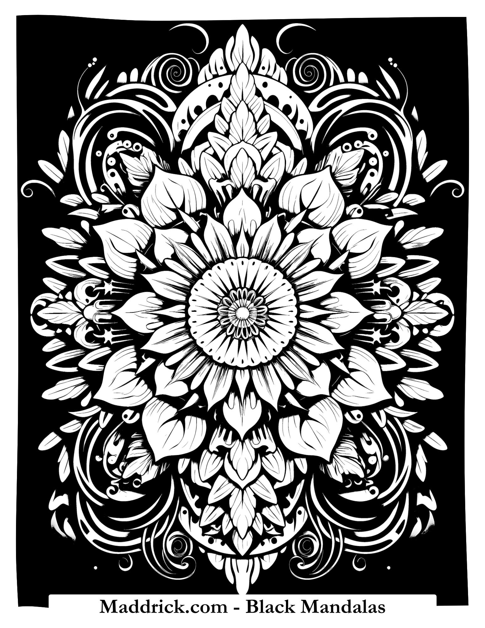 Full-page complex black mandala from Black mandalas coloring book by maddrick.com