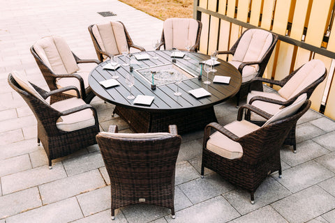 outdoor dining set with fire table and 8 chairs