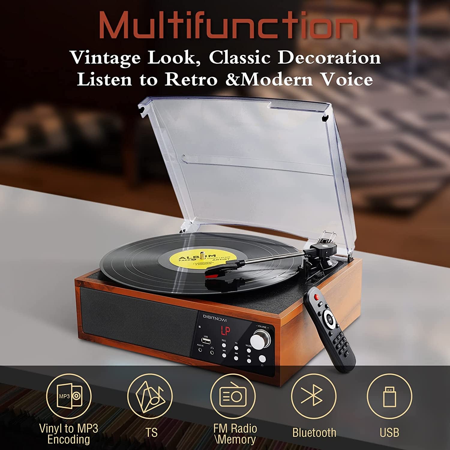 DIGITNOW Reproductor de grabación Bluetooth con altavoces estéreo,  tocadiscos para vinilo a MP3 con reproducción de casete, radio AM/FM,  control