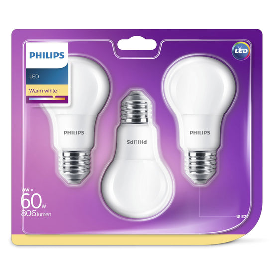 lampadina a LED di Philips E27 8W (60W) bianco caldo, non regolabile, x3