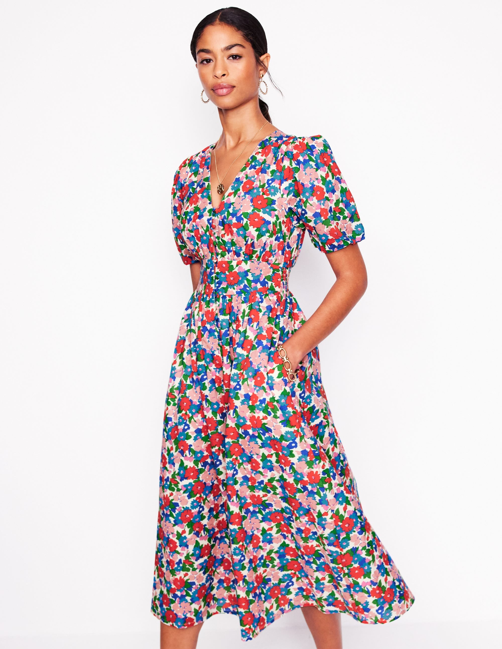 Robe midi Lillian en coton-Multi, motif Painterly Meadow - Boden - Modalova
