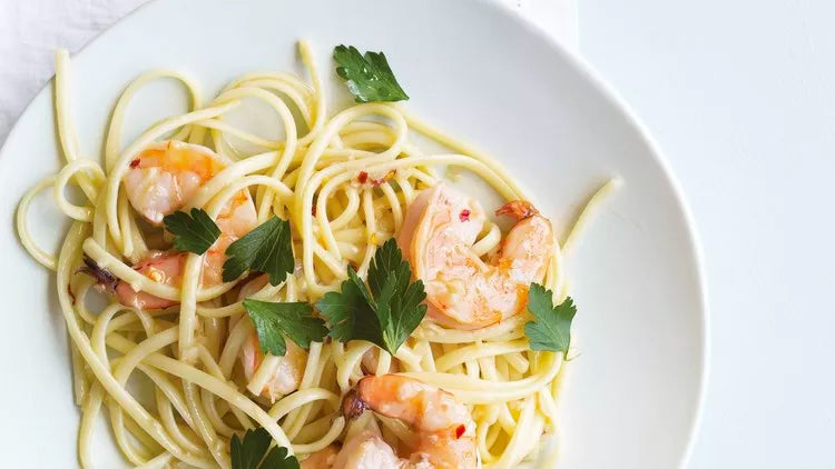 Seafood pasta dish paired with a nice white wine