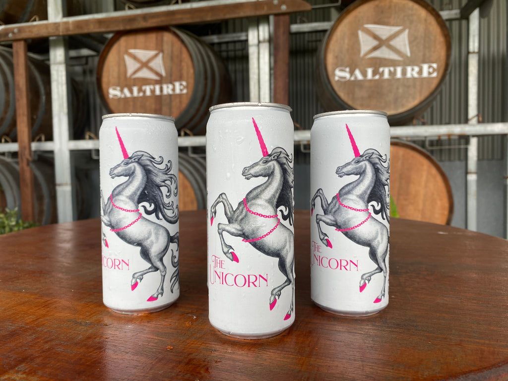 Moscato Cans showing the fabled unicorn with a monochrome colour scheme and hints of pink