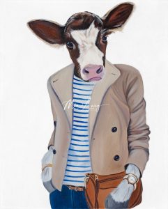 cow dressed as human by artist mia laing