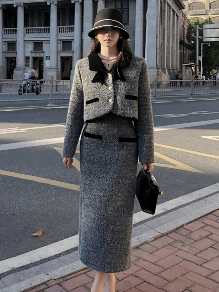 Winter Outfit Women 2024 New Elegant Lady Thickened 2 Pieces Sets Women Sweet Fashion Short Coat High Waist Long Skirt Suits Good Vibrations