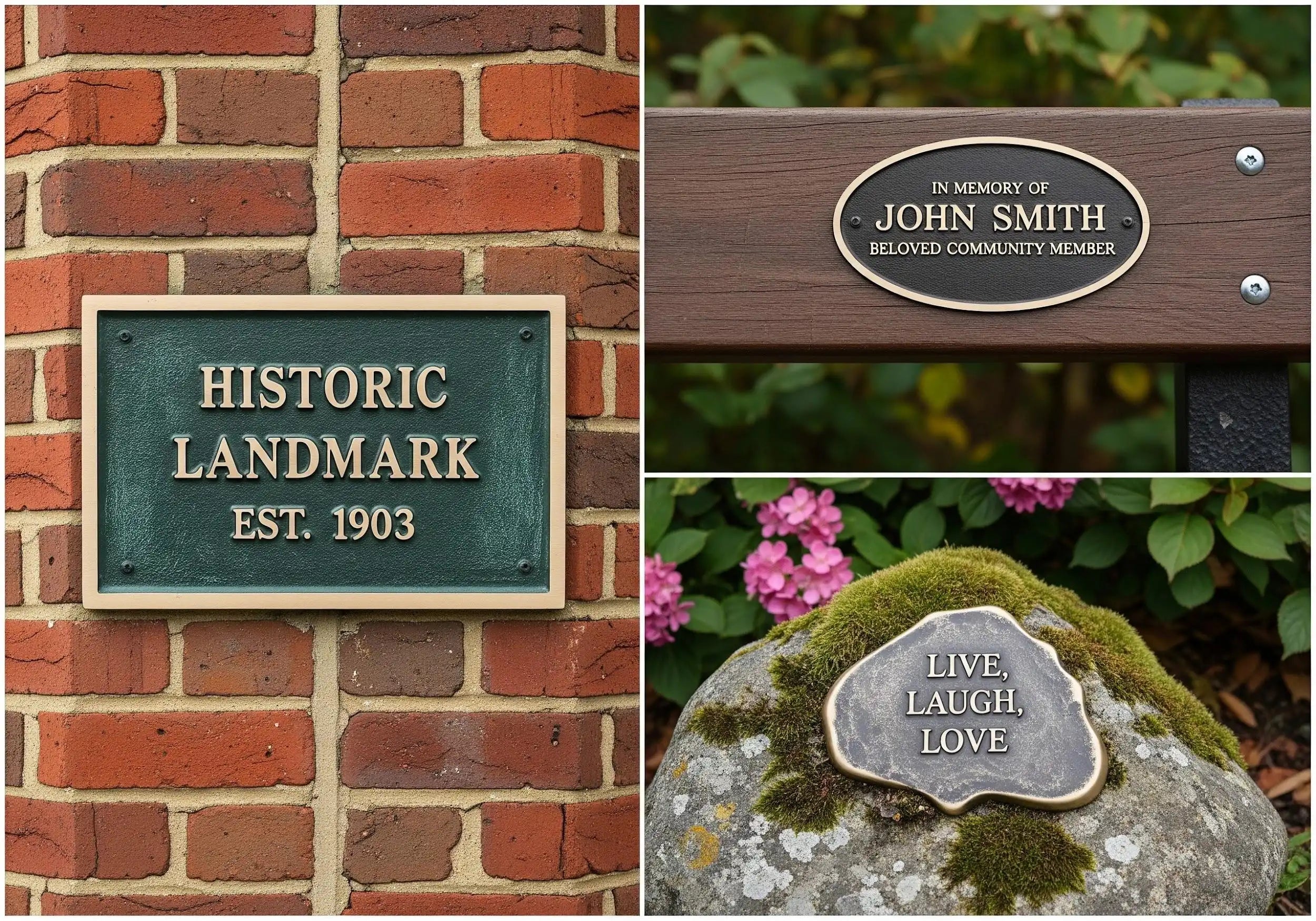 Collage of three plaque images: one on a brick wall, one on a wooden post, and one on a rock with moss.