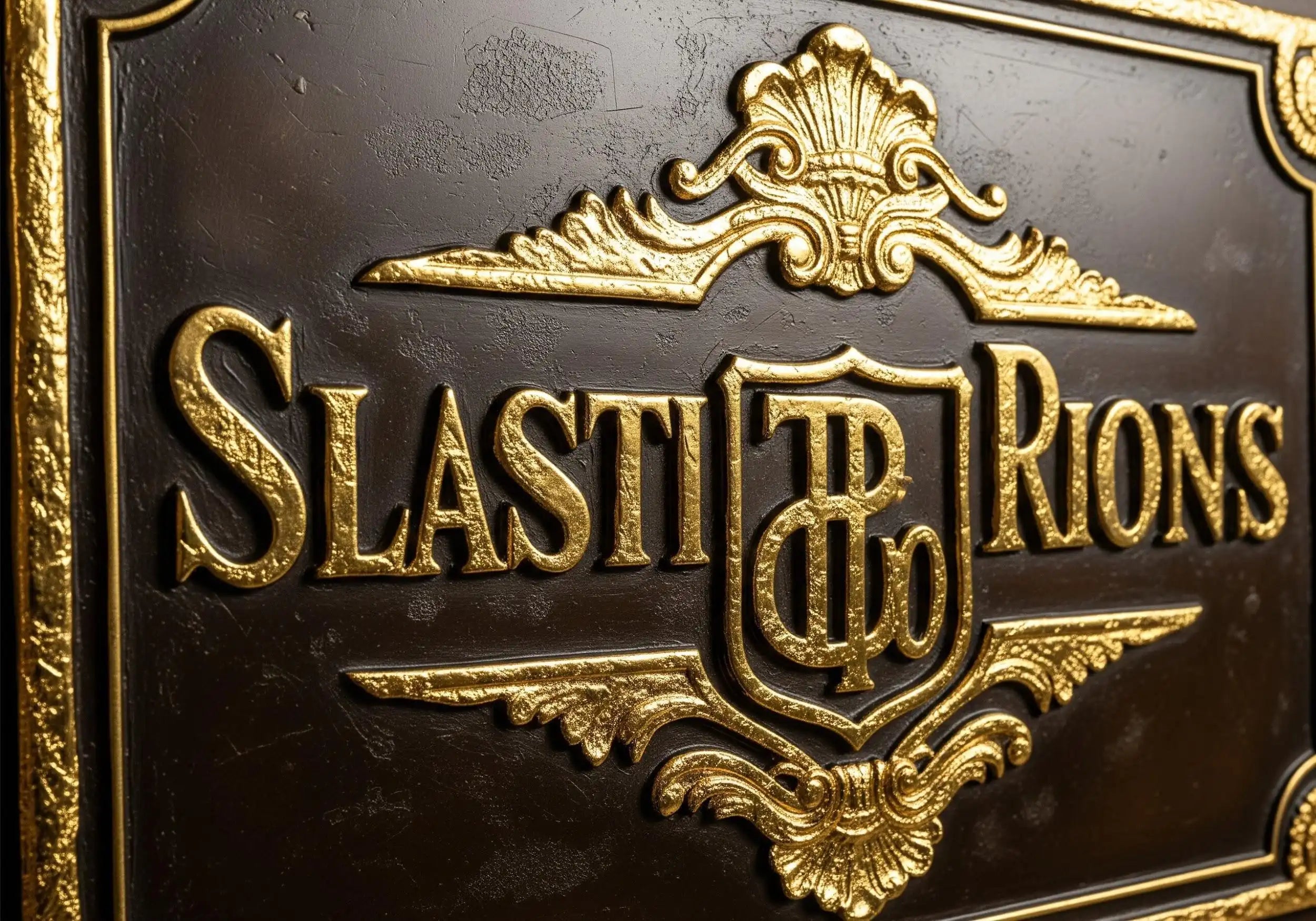 bronze plaque, Close-up Decorative logo with 'Slasti & Rions' on a dark background