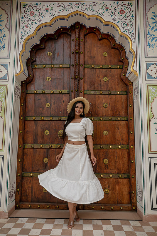 White Puff-Sleeves Crop Top and Skirt Set