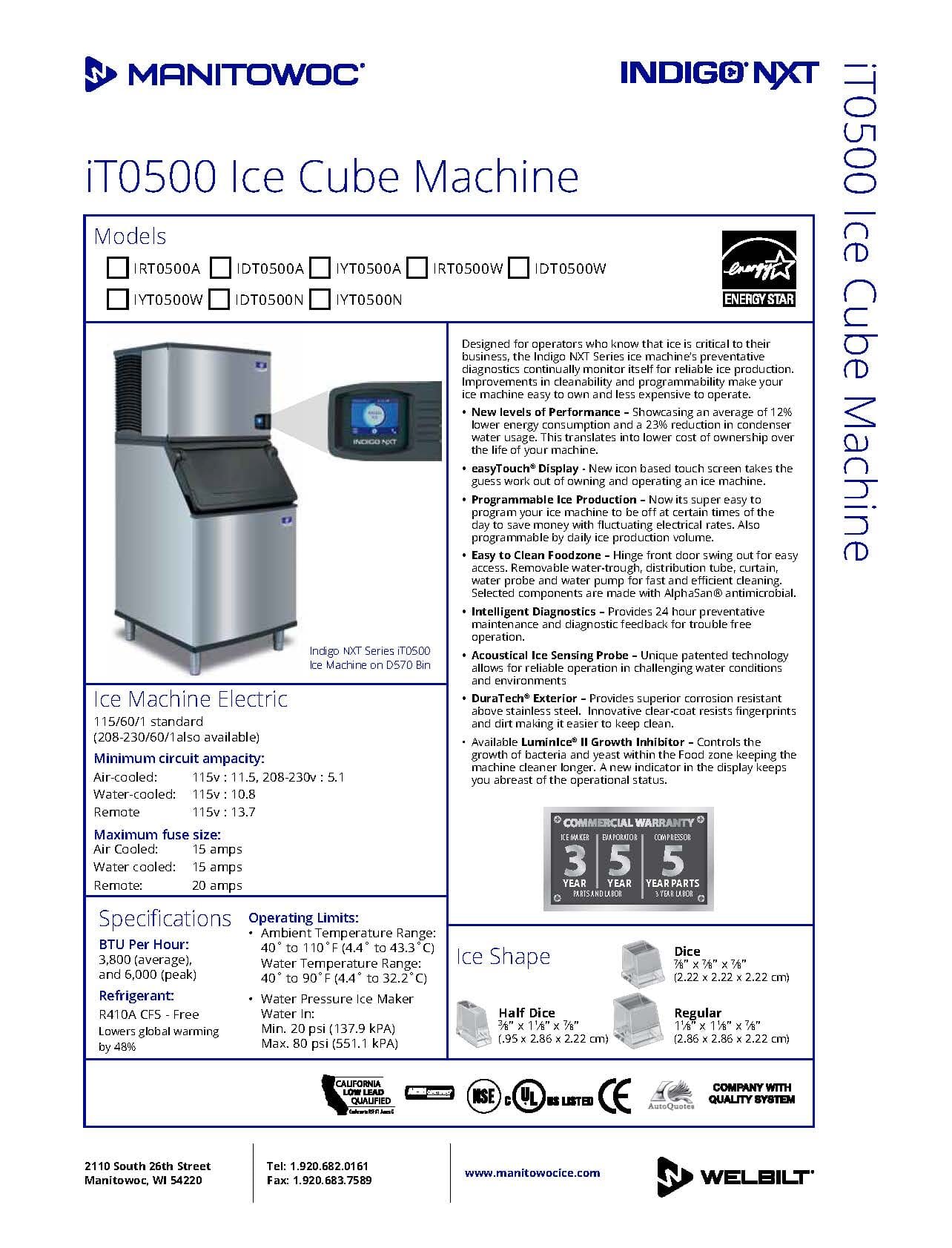 Manitowoc IDT0500A-161 - 520 lbs Cube Ice Maker - Air Cooled