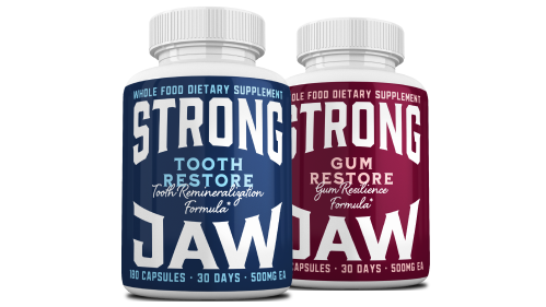 Two bottles of 'Strong Jaw' dietary supplements for tooth and gum restoration.