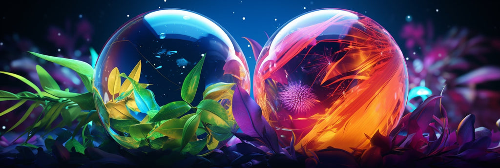 A digital art representation of two contrasting spheres, one depicting the realm of synthetic ingredients, full of vibrant, neon, artificial colors, geometric patterns, plastic textures, and chemical molecules. The other sphere symbolizes organic ingredients, teeming with lush greenery, fresh fruits, grains, and natural fibers, the earthy tones bringing warmth and comfort. The two spheres are separated by a thin transparent wall symbolizing the boundary between artificial and natural. Visualize this scene as a surrealist painting, the colors bold and striking, the contrast sharp and impactful