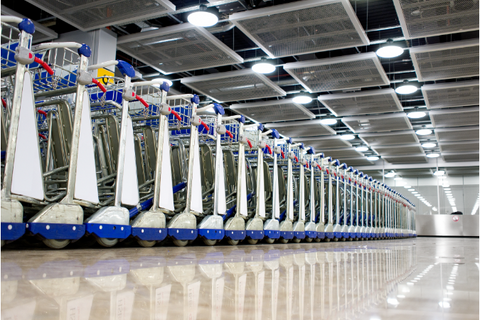 Airport trolleys lined up to show how Rolltek castors and wheels are used in airports internationally via luggage trolley wheels