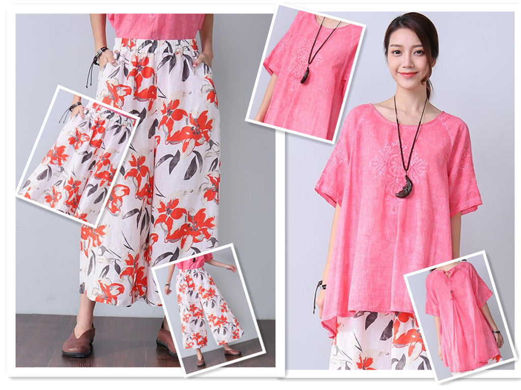 Embroidered Irregular Pink Shirt & Loose Floral Pants