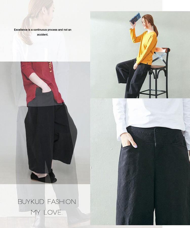 Keep Warm Winter Casual Linen Thickening Loose Black Pants