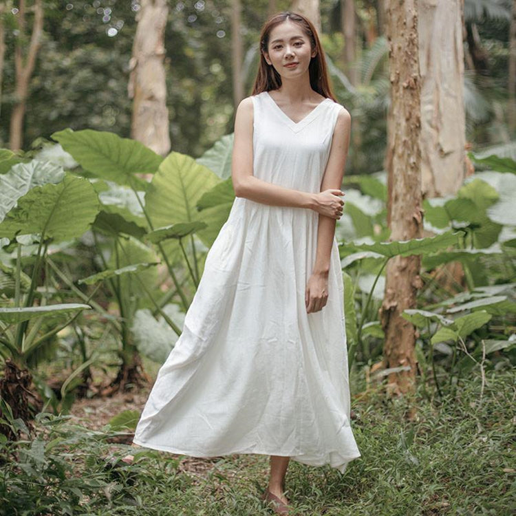 Women Cotton Linen Casual Loose V-neck Sleeveless White Dress