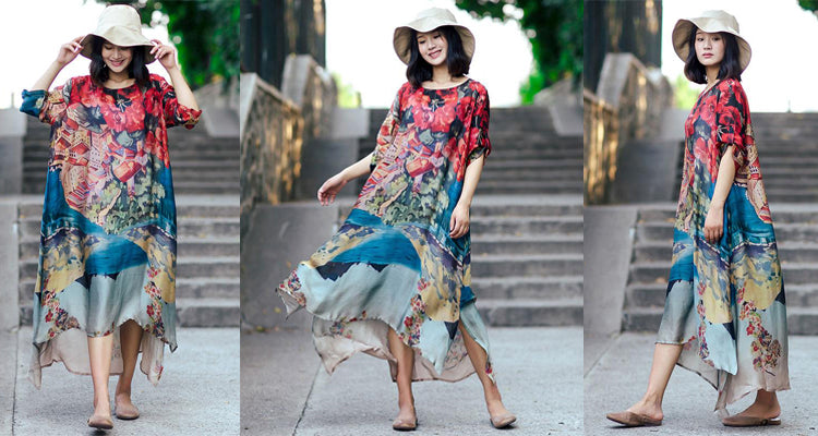 Summer Thin Printing Loose Casual Women Splitting Silk Blue Dress