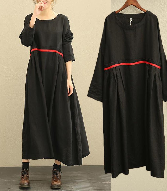 Cotton Linen Long Sleeve Black Dress