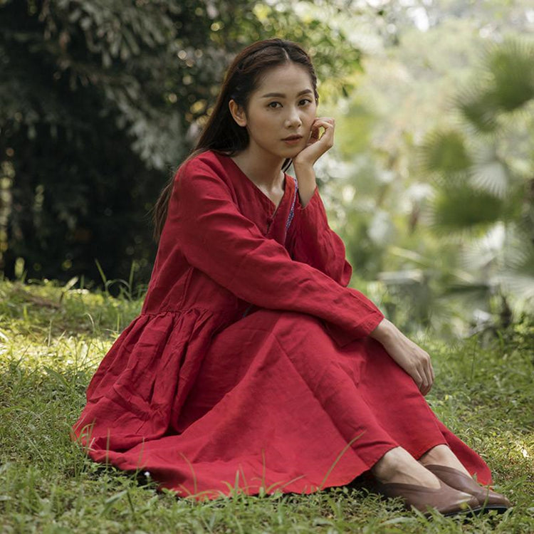 2 Sommer lässiges, lockeres Leinen-Baumwoll-Taschenkleid mit langen Ärmeln, rotes Kleid