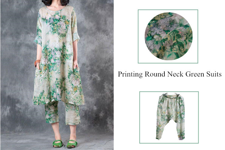 2 Summer Women Printing Round Neck Green Suits(Dress+Pants)