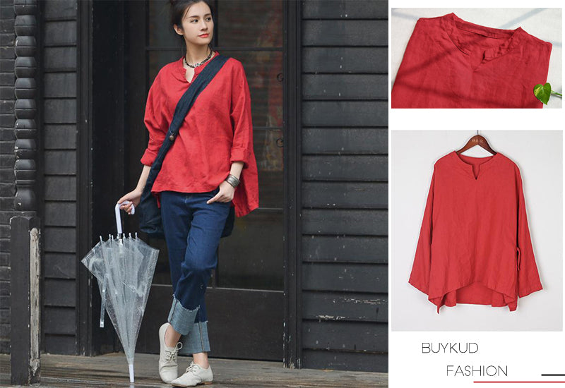 Irregular V Neck Long Sleeves Frogs Red Linen Women Shirt