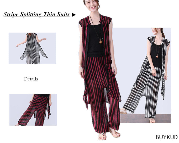 3 Loose Stripe Women Splitting Summer Thin Suits(Pants+Shirt)