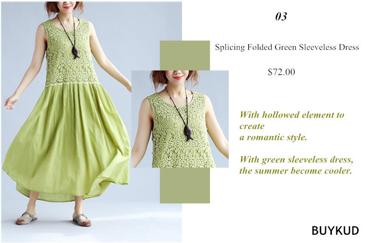 3 Splicing Folded Green Sleeveless Dress