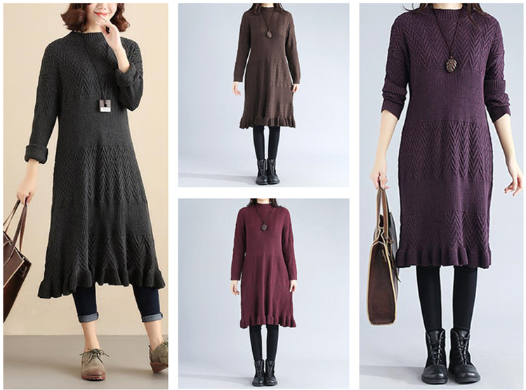 3 Women Cotton Jacquard Long Sleeve Knitted Sweater Dress