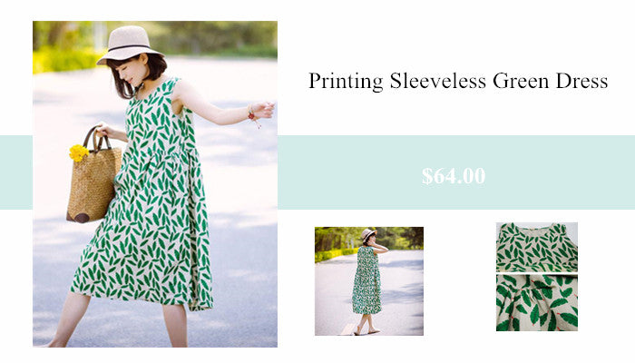 3 Women Printing Loose Casual Linen Summer Sleeveless Green Dress