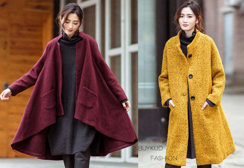 manteau ample décontracté, manteau rouge, manteau jaune, manteau épais