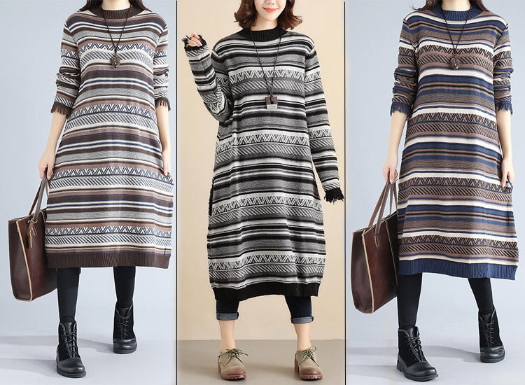4 Autumn Casual Loose Long Sleeve Stripe Women Knitted Sweater