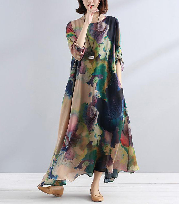 Charming Women Casual Loose Retro Floral Silk Dress 