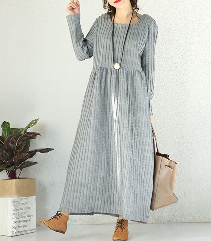 Winter Loose Vertical Stripes High Waist Light Grey Dress