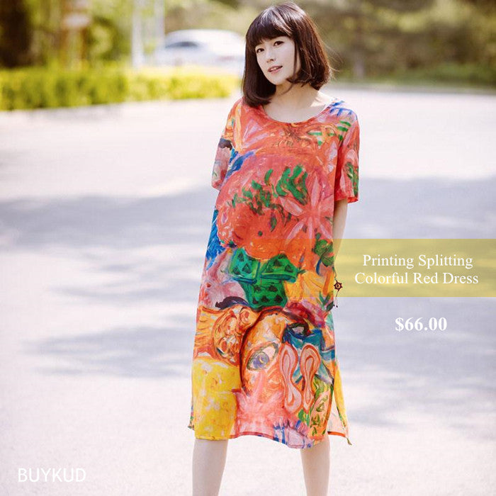 6 Printing Loose Splitting Women Casual Linen Colorful Red Dress