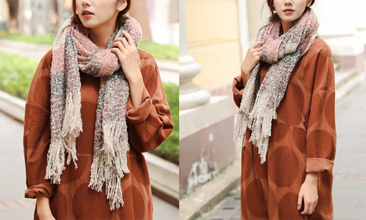 Fashionable Women Tassel Mixed Color Warm Wool Retangle Scarf