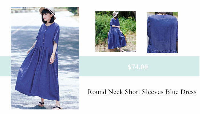 7 Loose Round Neck Linen Short Sleeves Women Blue Dress