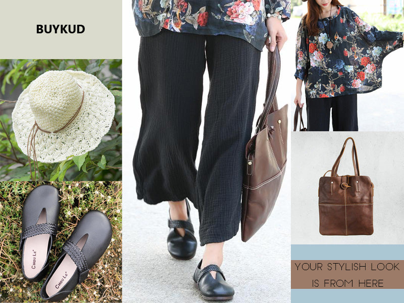 Straw hat; casual loose pants shirt, leather bag; black shoes 