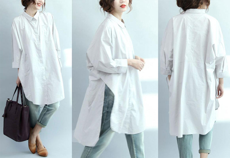 Irregular Literature Polo Collar Long Sleeves Cotton White Women Dress